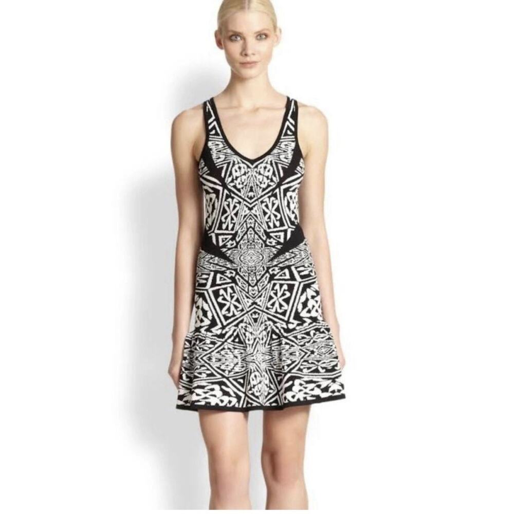 Nicole Miller Artelier Black White Knit Sleeveless V-Neck Dress Small NWT